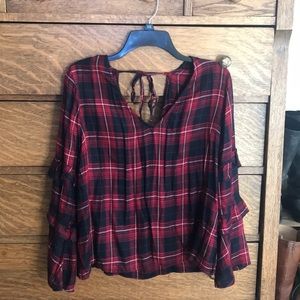 Bell sleeves, ruffle sleeved plaid tie back top